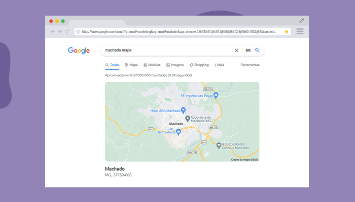 Print de tela: resultado de busca do Google para "machado mapa". 