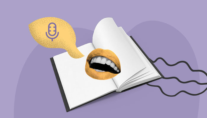 Ilustração abstrata: uma boca sai de um livro aberto.