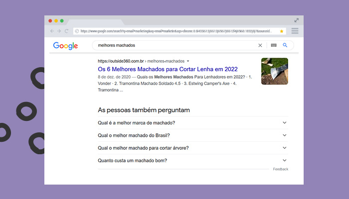 Print de tela: resultado de busca do Google para "melhores machados".