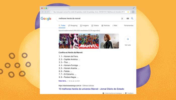 Snippet em lista do Google. 