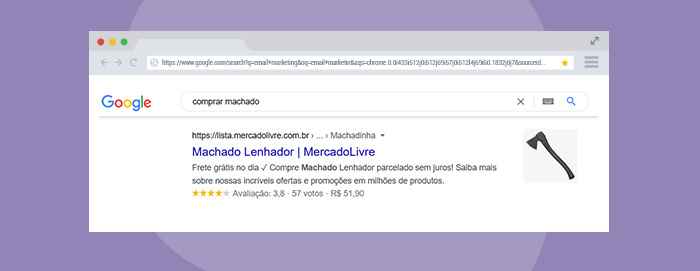 Print de tela: resultado de busca do Google para "comprar machado".