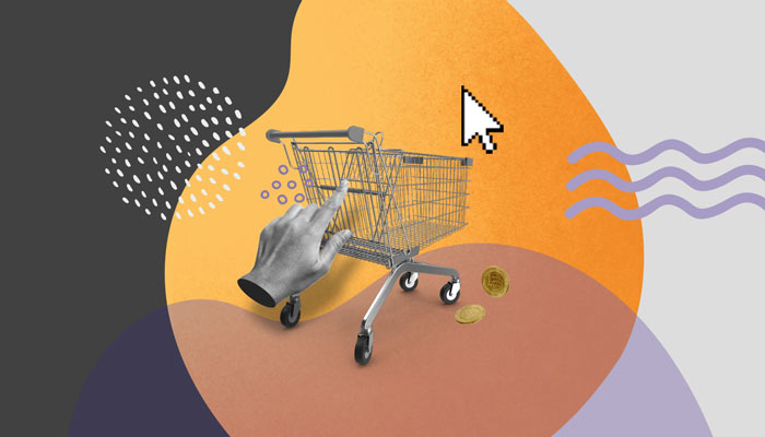 Ilustração abstrata: uma mão toca um carrinho de compras.
