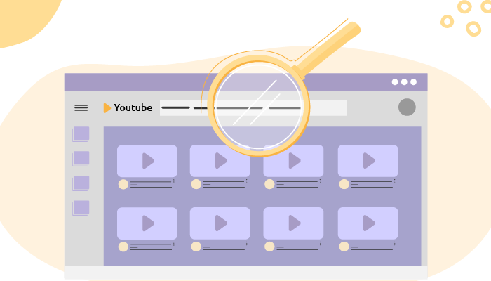 Ilustração: uma lupa sobre a página inicial do YouTube.