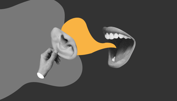 Imagem mostra montagem de uma boca falando algo para um ouvido, remetendo ao tom de voz ideal